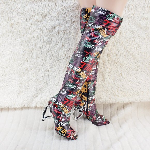 Yoki Shoes - Zen Love Colorful Graffiti Print Over The Knee Boots With Wedge Heart heels